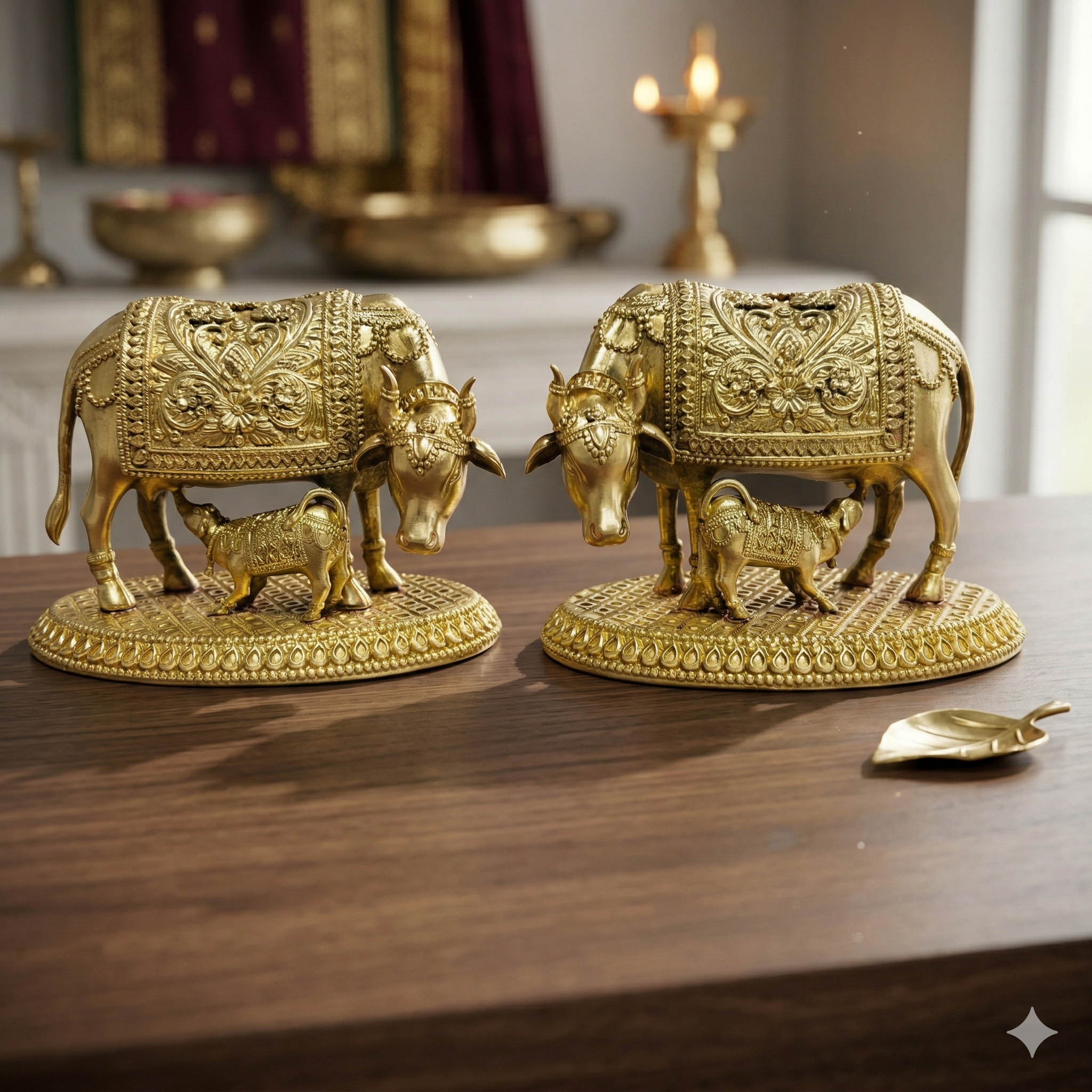 Luxury Handcrafted Brass Kamdhenu Cow and Calf Idol – Premium Spiritual Decor (23cm)