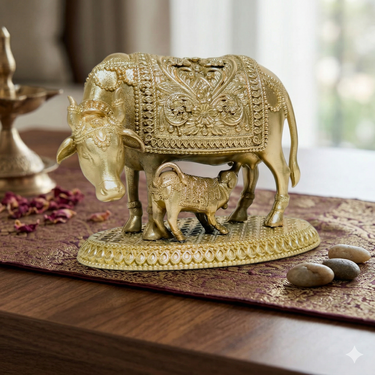 Premium 100% Brass Kamdhenu Cow and Calf Idol – Handcrafted Spiritual Decor