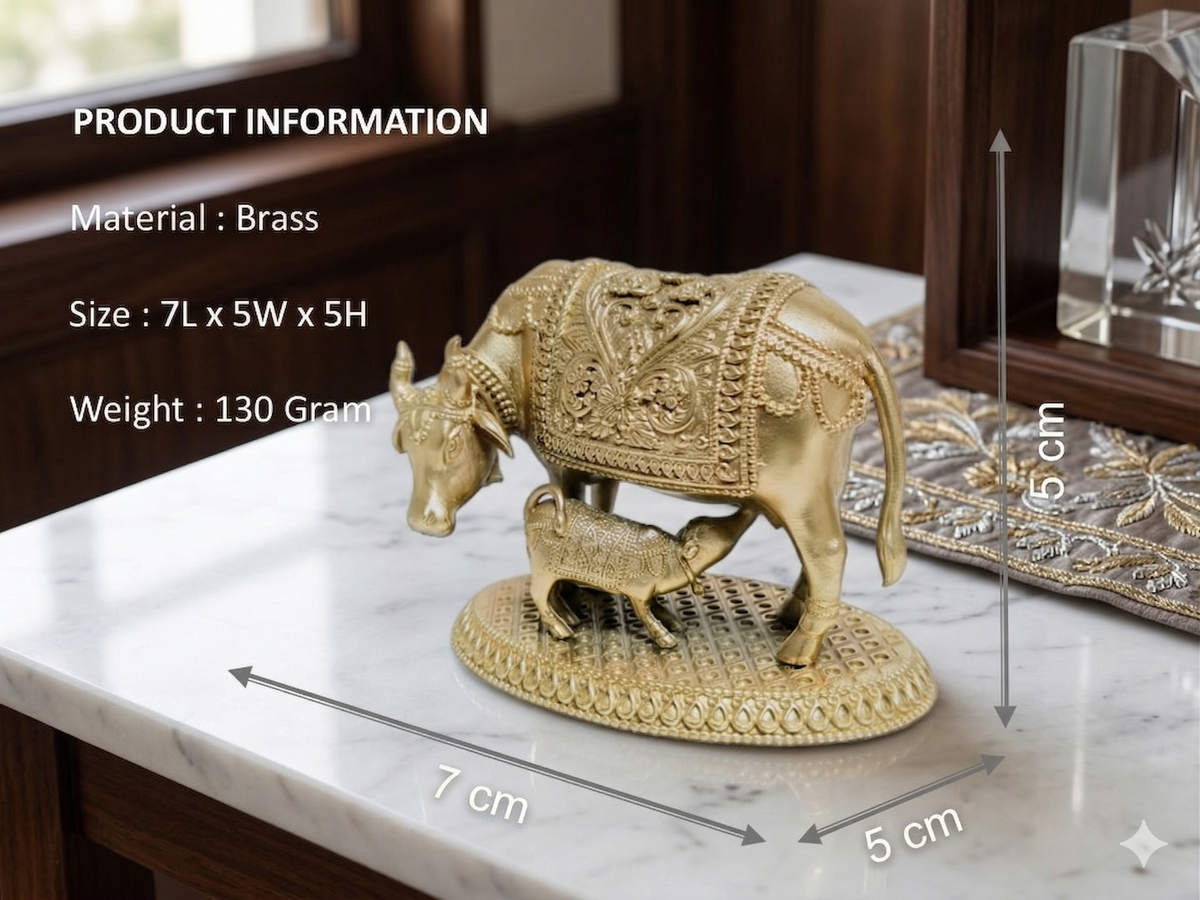 Mini Brass Kamdhenu Cow and Calf Statue – Handcrafted Spiritual Decor (130g)