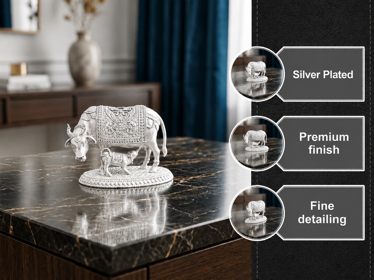 Premium Silver Plated Kamdhenu Cow and Calf Idol – Elegant Vastu Decorative Figurine