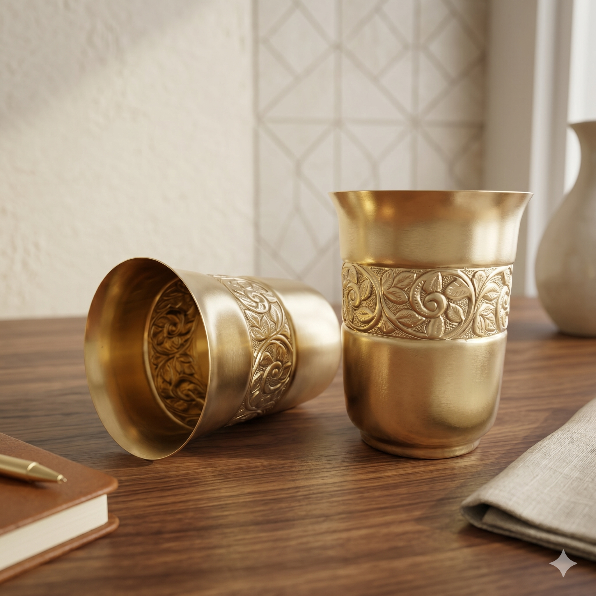 Royal Brass Carved Tumbler Set – Handcrafted Golden Glass Combo (Set of 2)