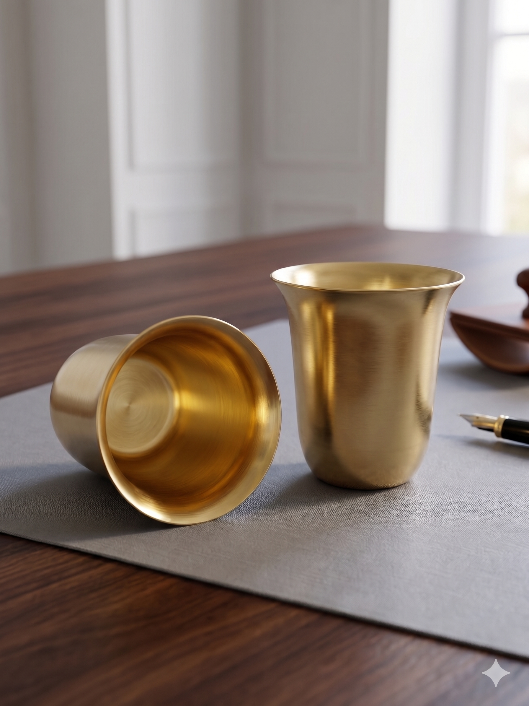 Royal Curved Brass Tumbler Set – Handcrafted Flared Golden Glasses (Set of 2)
