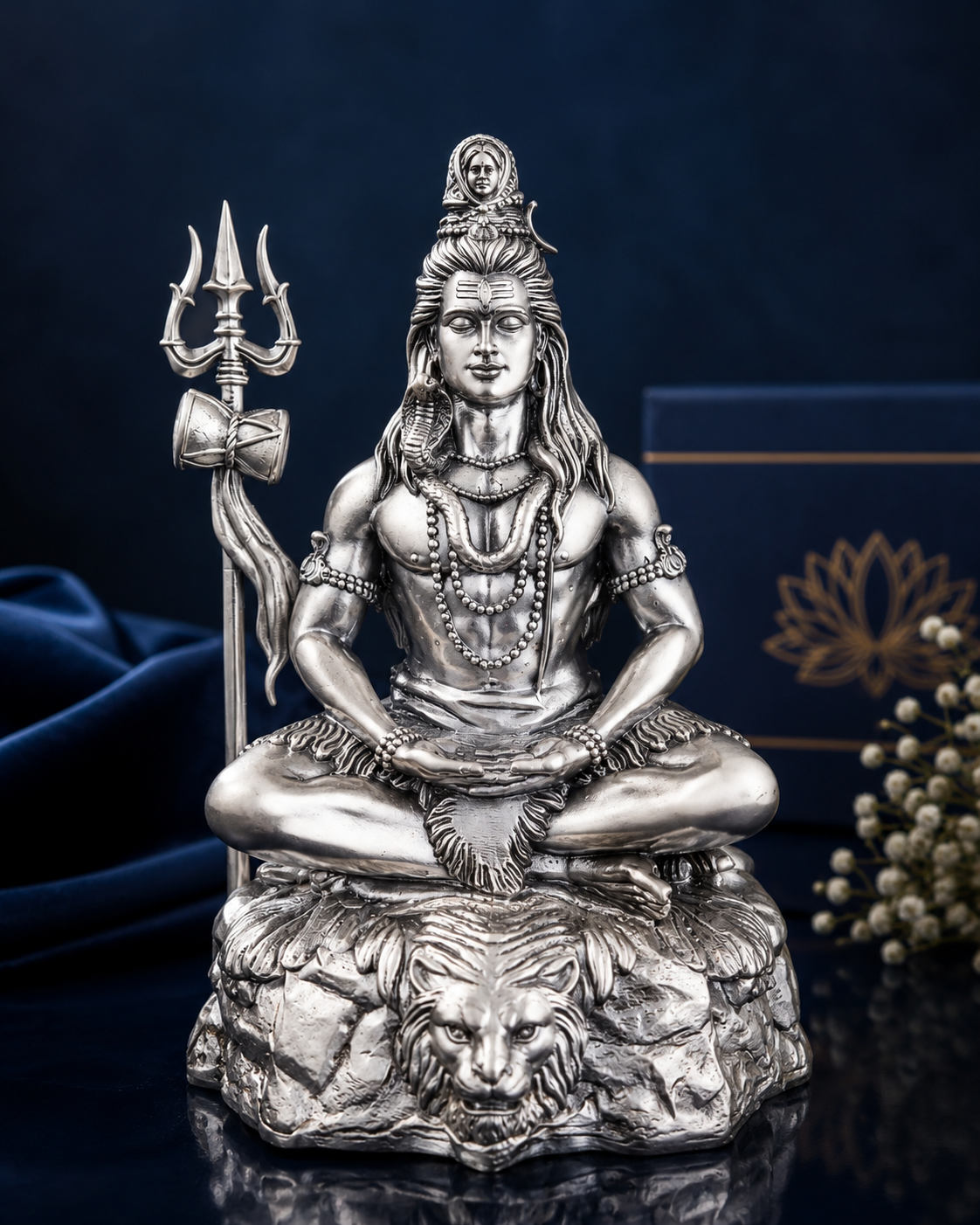 Meditating Lord Shiva Idol on Lion Base – Antique Bronze & Silver Mahadev Statue for Home Décor, Pooja, Car Dashboard & Gifting