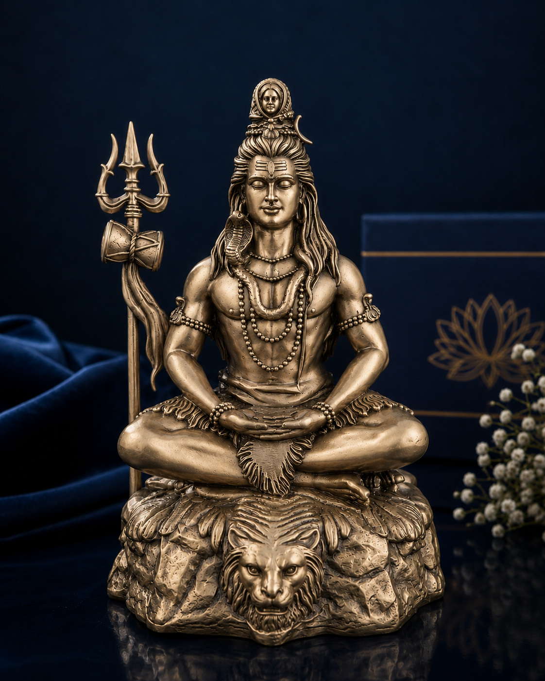 Meditating Lord Shiva Idol on Lion Base – Antique Bronze & Silver Mahadev Statue for Home Décor, Pooja, Car Dashboard & Gifting