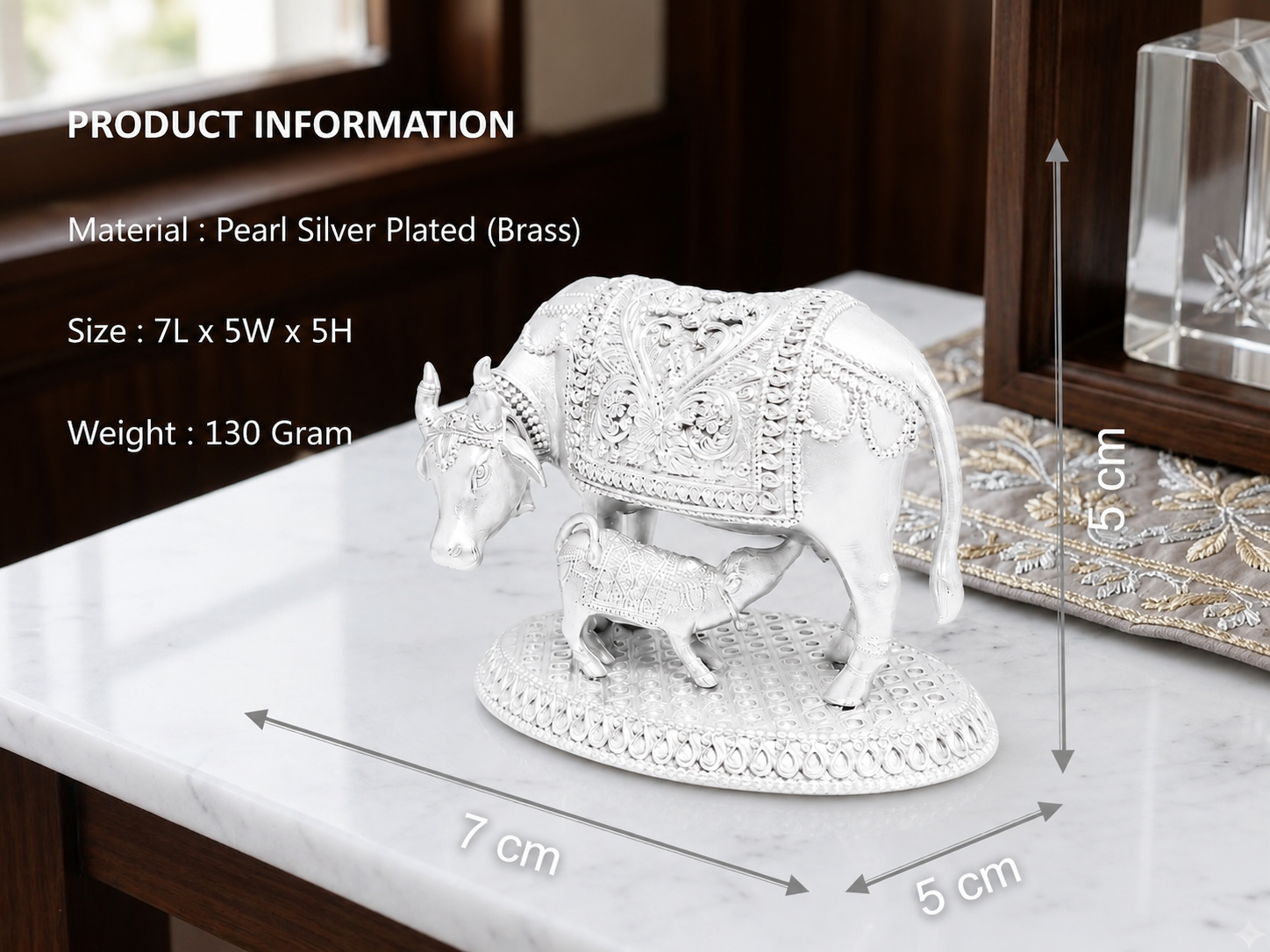 Premium Silver Plated Kamdhenu Cow and Calf Idol – Elegant Vastu Decorative Figurine
