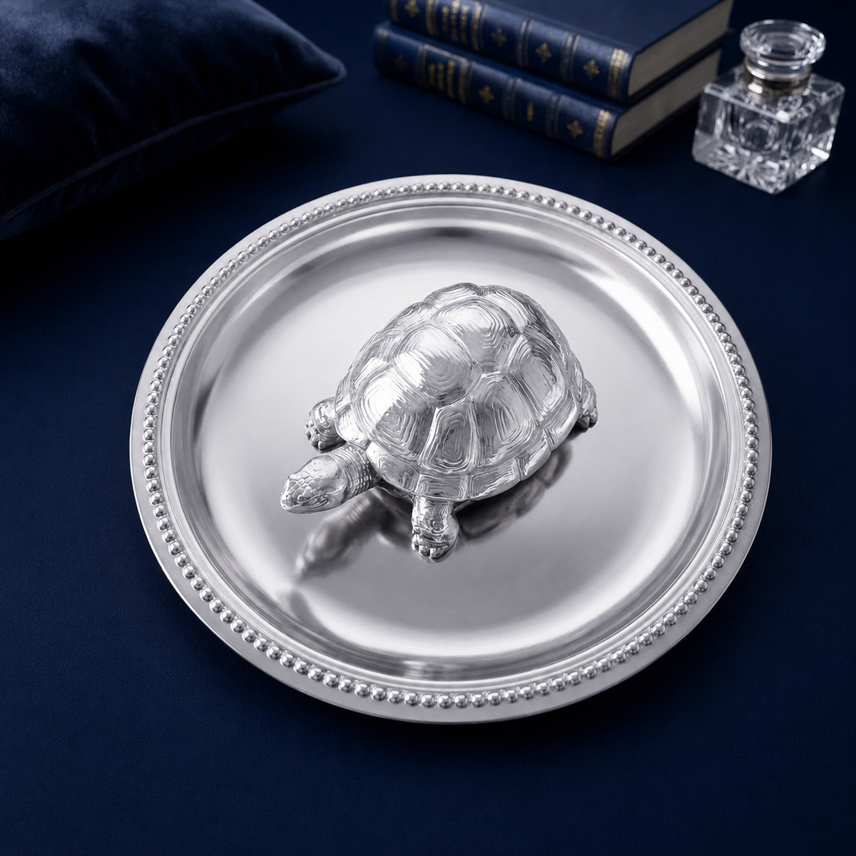 Premium 999 Silver Plated Feng Shui Vastu Tortoise Figurine with Beaded Plate Set