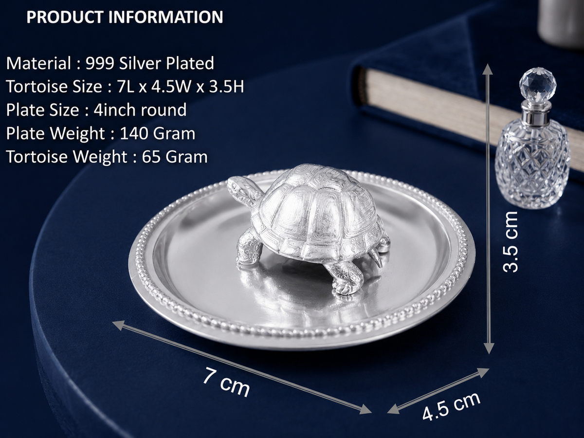 Premium 999 Silver Plated Feng Shui Vastu Tortoise Figurine with Beaded Plate Set