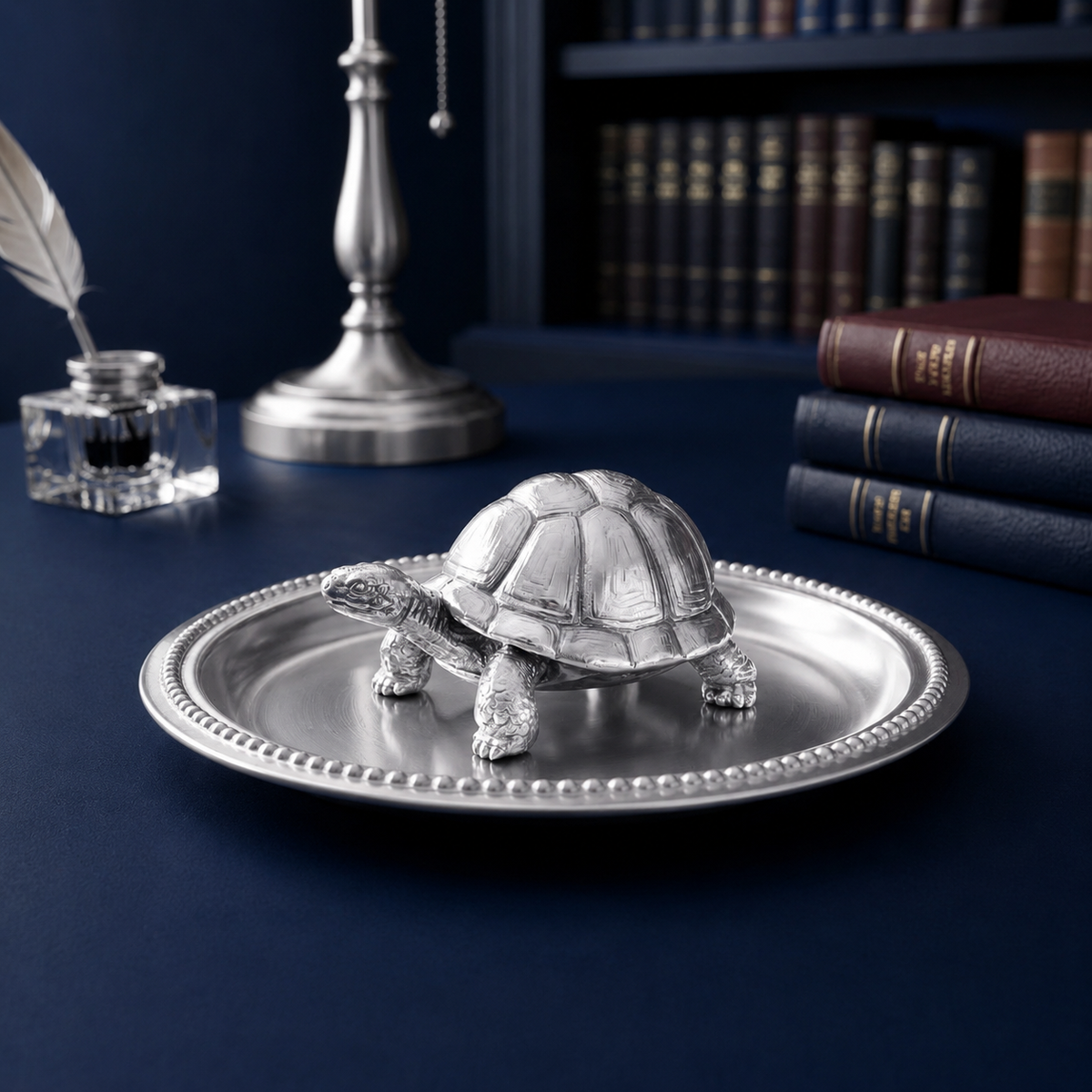 Premium 999 Silver Plated Feng Shui Vastu Tortoise Figurine with Beaded Plate Set