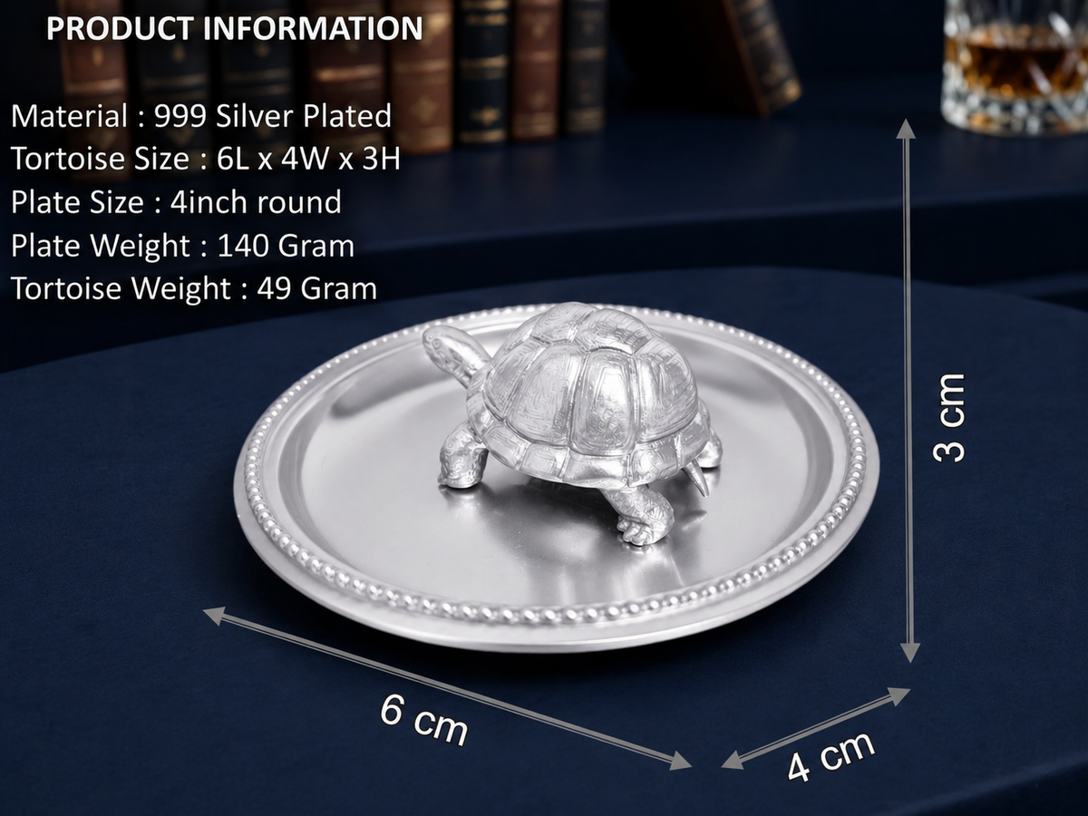 Premium 999 Silver Plated Feng Shui Vastu Tortoise Figurine with Beaded Plate Set