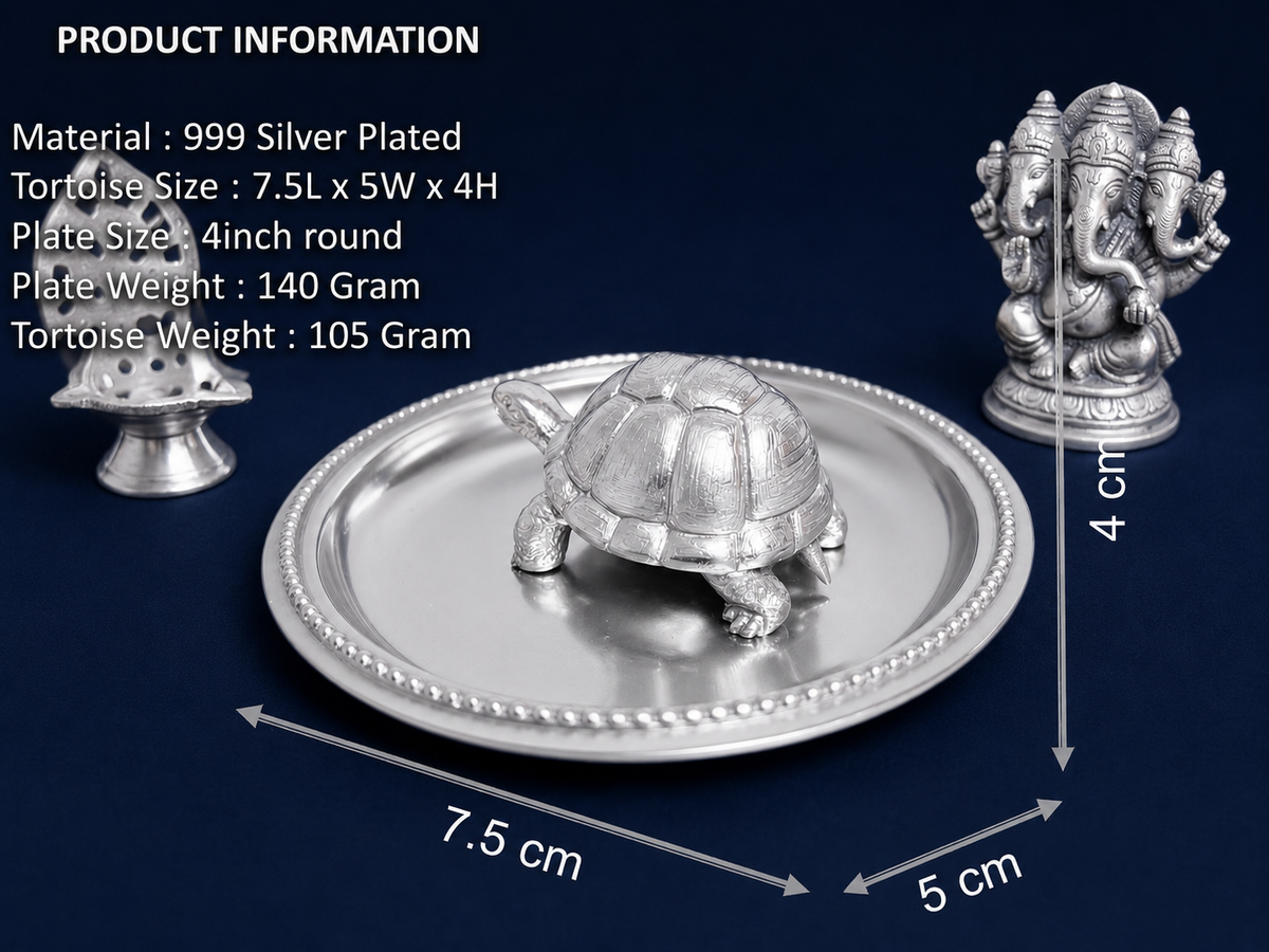 Premium 999 Silver Plated Feng Shui Vastu Tortoise Figurine with Beaded Plate Set