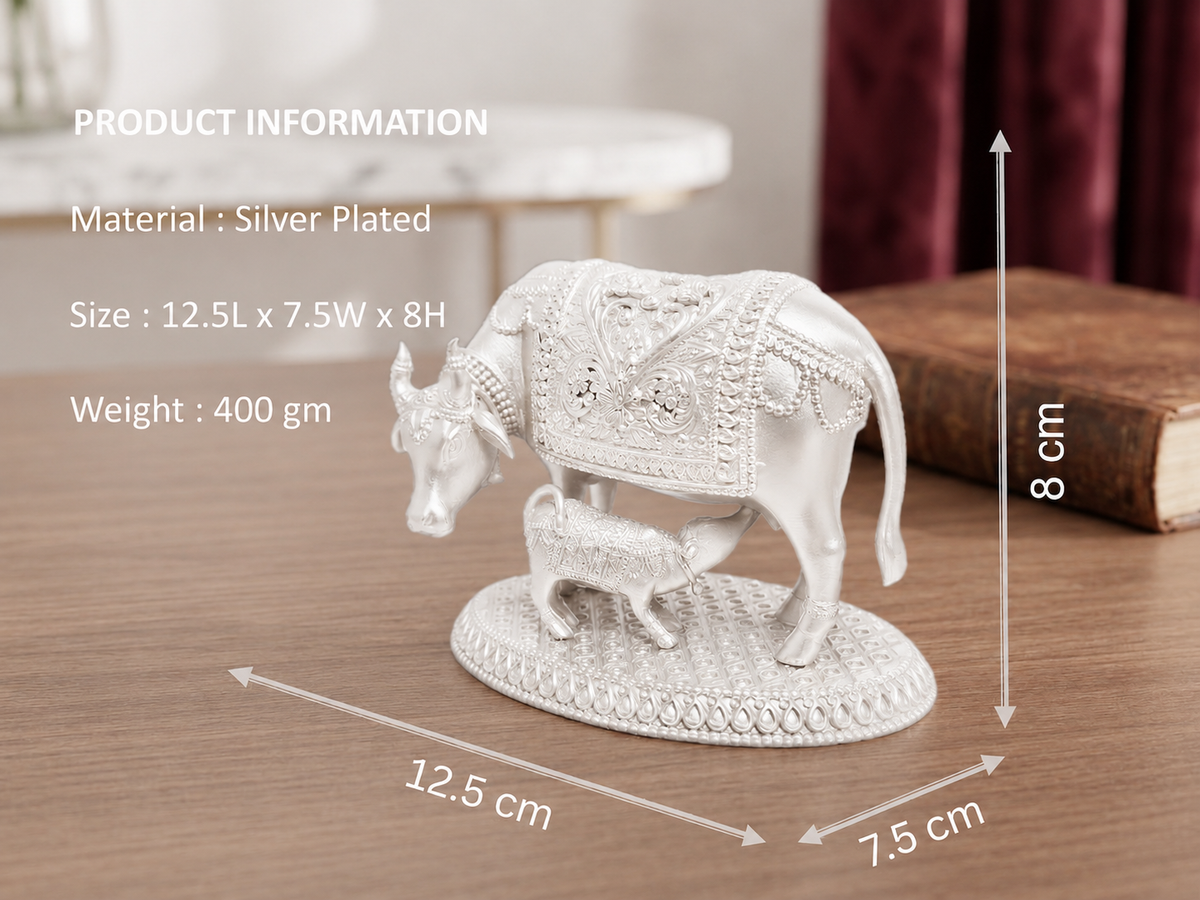 Premium Silver Plated Kamdhenu Cow and Calf Idol – Elegant Vastu Decorative Figurine