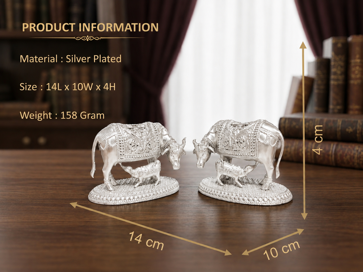 Premium Silver Plated Kamdhenu Cow and Calf Idol – Elegant Vastu Decorative Figurine