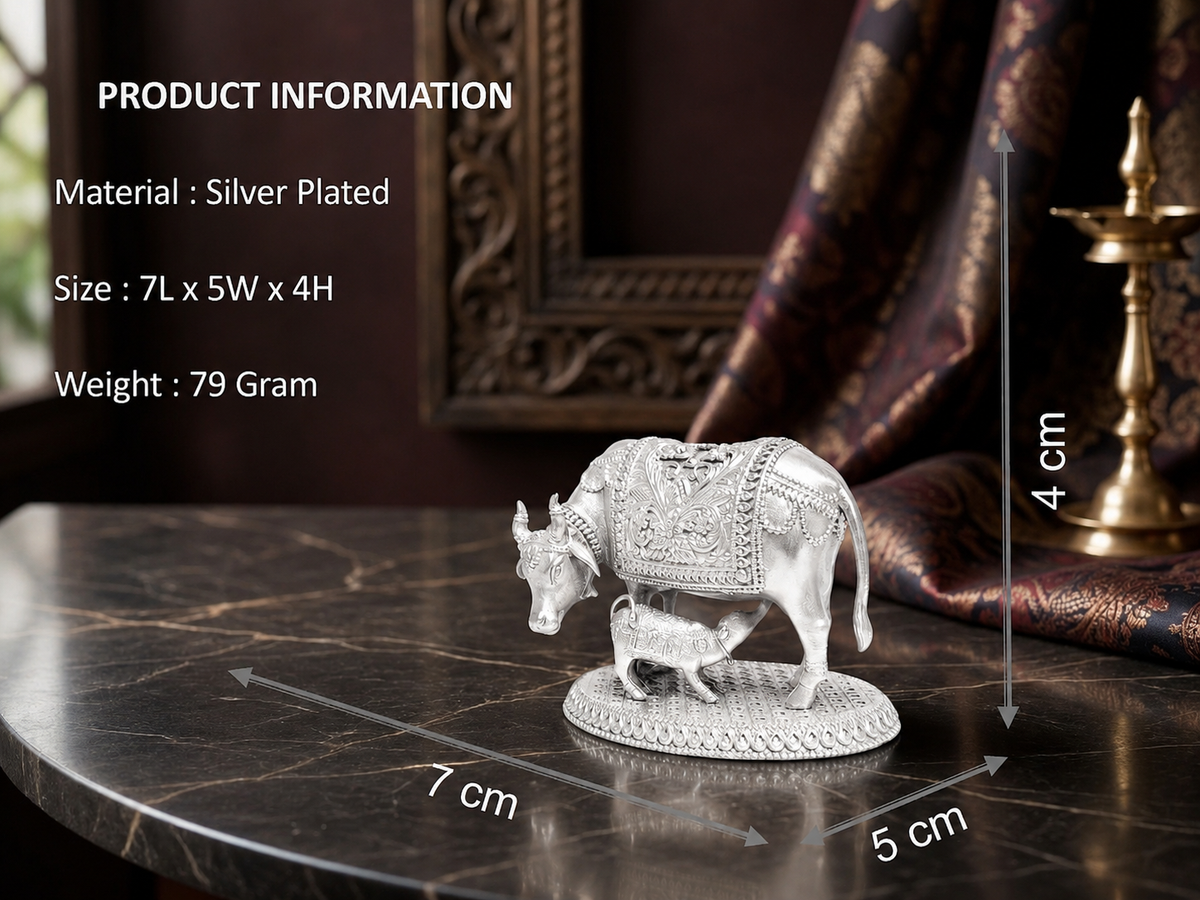 Premium Silver Plated Kamdhenu Cow and Calf Idol – Elegant Vastu Decorative Figurine