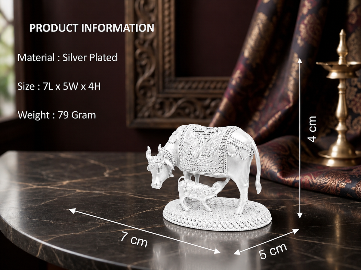 Premium Silver Plated Kamdhenu Cow and Calf Idol – Elegant Vastu Decorative Figurine