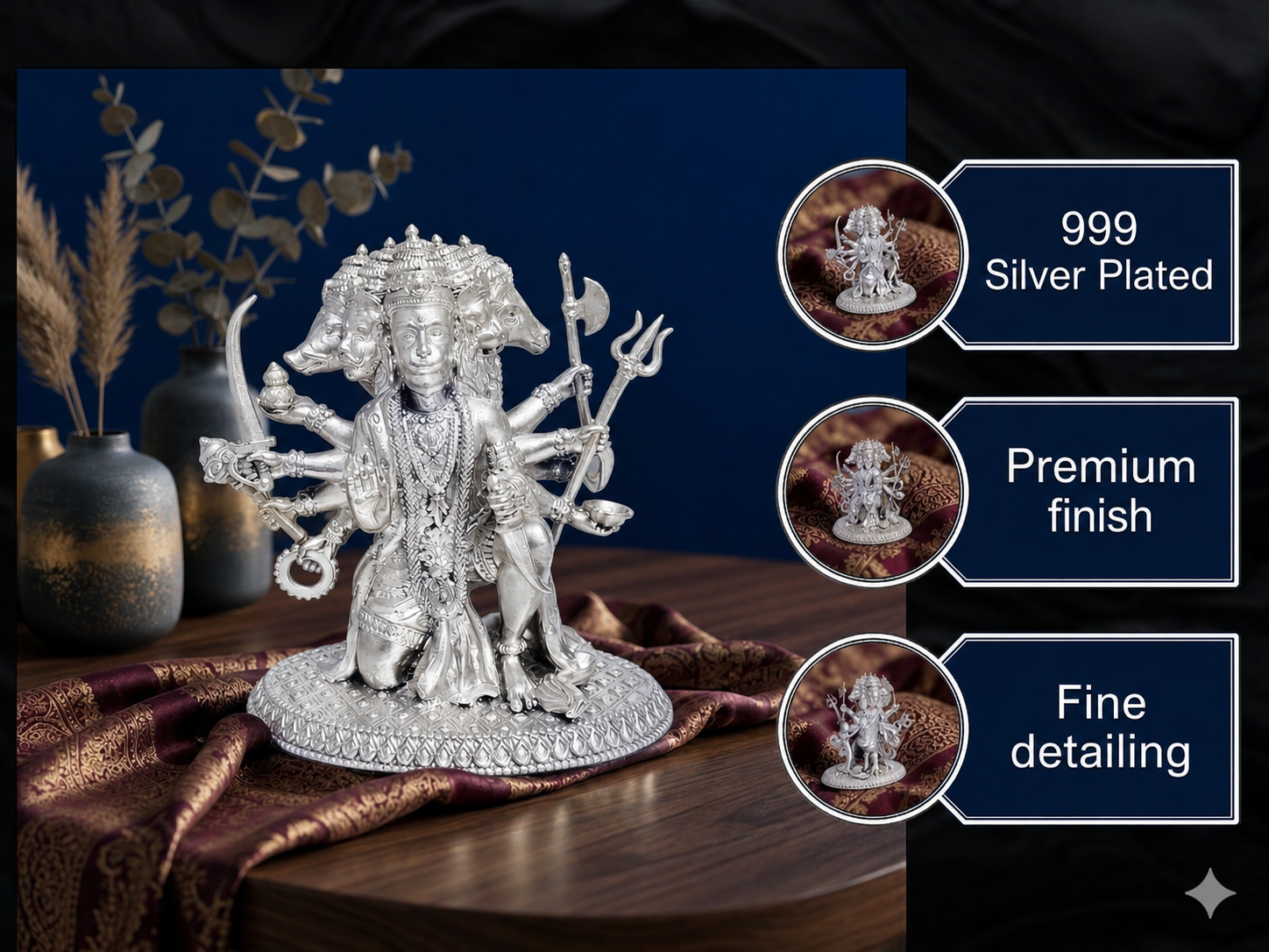 Premium 999 Silver Plated Panchmukhi Hanuman Idol – Divine 5-Faced Hanuman Statue for Puja Altar