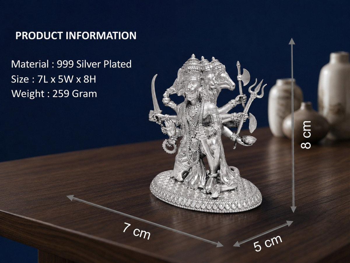 Premium 999 Silver Plated Panchmukhi Hanuman Idol – Divine 5-Faced Hanuman Statue for Puja Altar