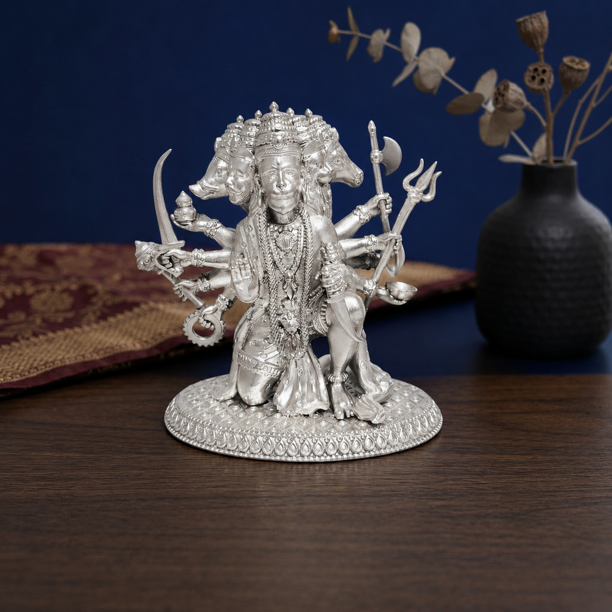 Premium 999 Silver Plated Panchmukhi Hanuman Idol – Divine 5-Faced Hanuman Statue for Puja Altar