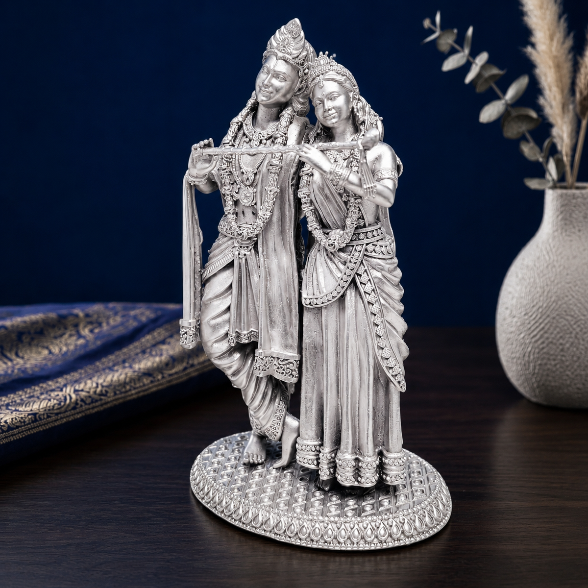 Premium 999 Silver Plated Radha Krishna Idol – Divine Radha Krishna Flute Figurine for Puja Altar