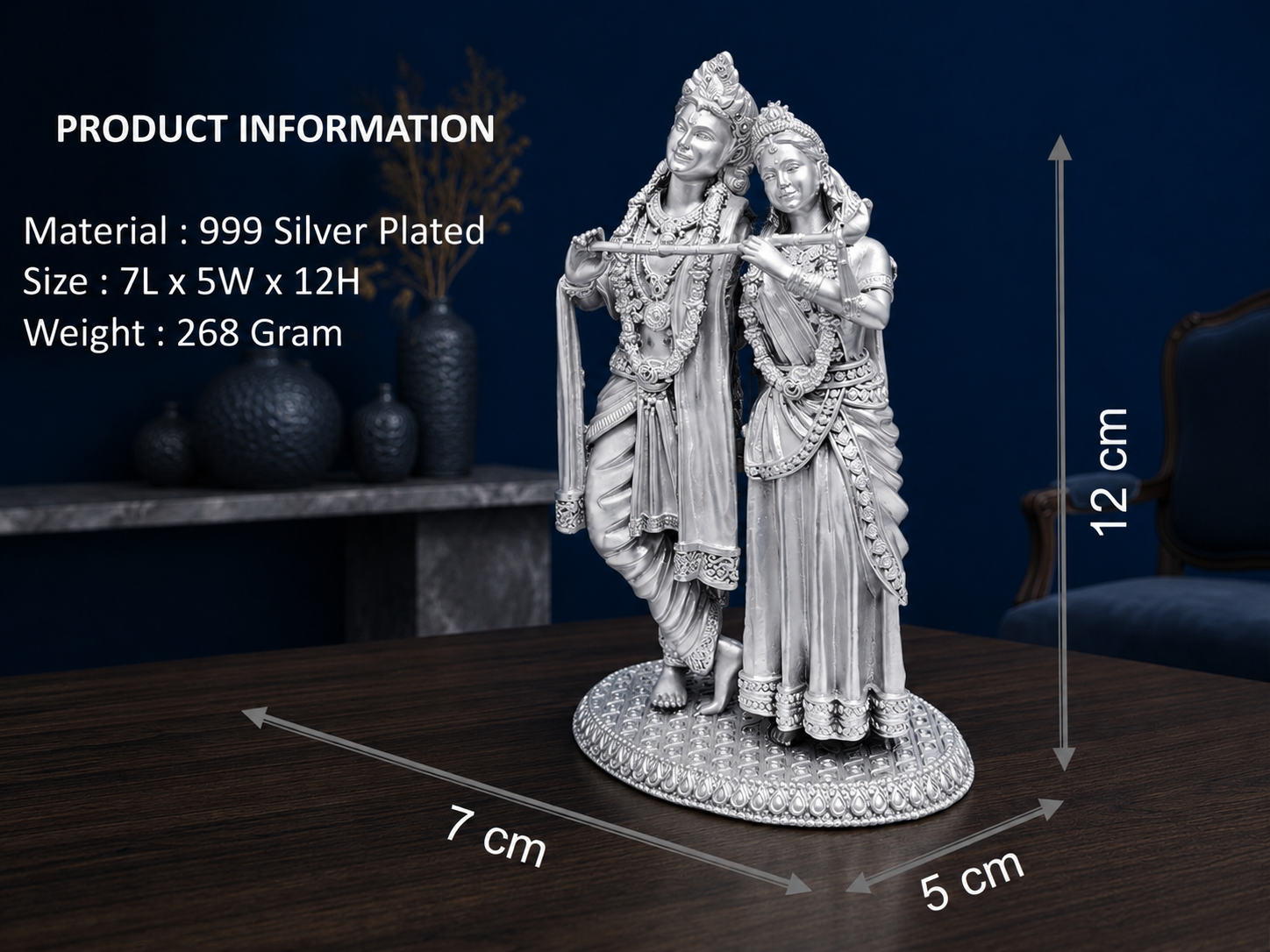 Premium 999 Silver Plated Radha Krishna Idol – Divine Radha Krishna Flute Figurine for Puja Altar