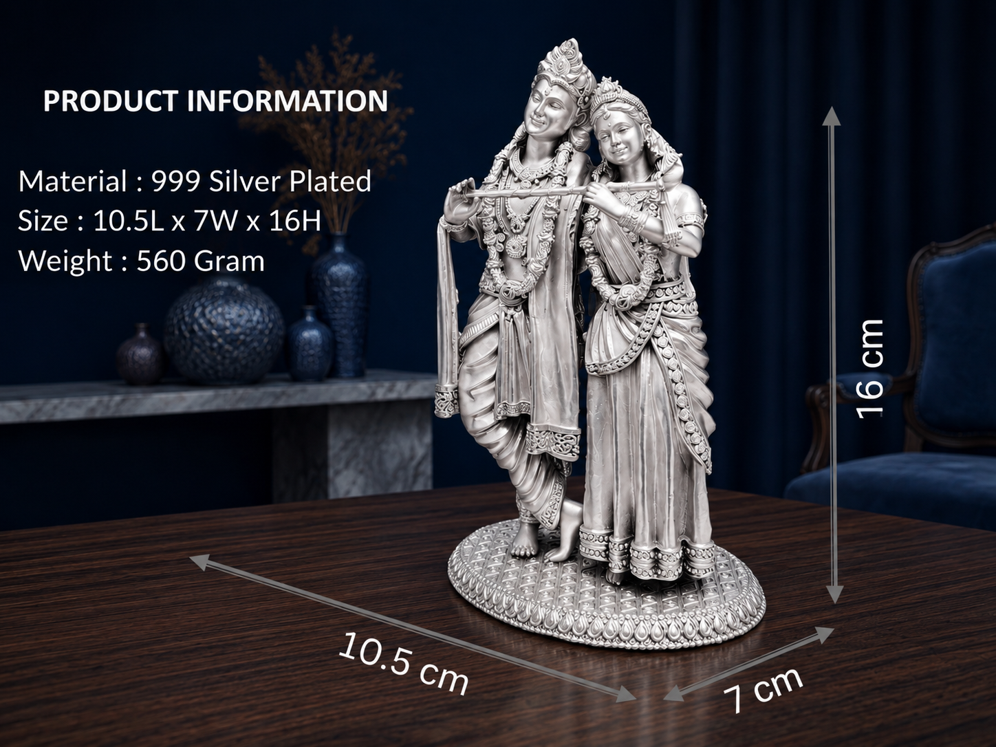 Premium 999 Silver Plated Radha Krishna Idol – Divine Radha Krishna Flute Figurine for Puja Altar 16 Cm