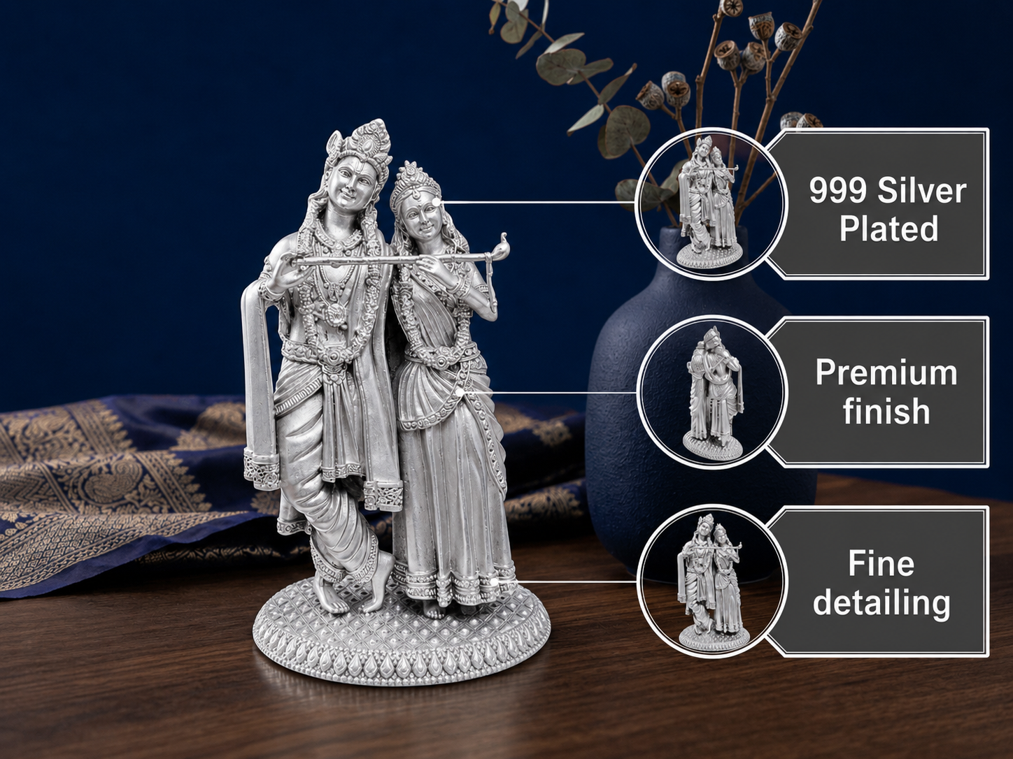 Premium 999 Silver Plated Radha Krishna Idol – Divine Radha Krishna Flute Figurine for Puja Altar 16 Cm
