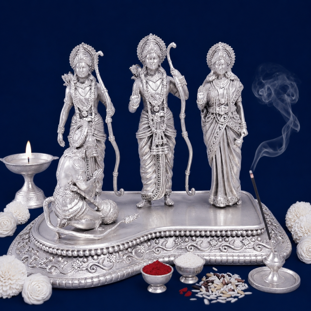 Premium 999 Silver Plated Ram Darbar Idol Set – Divine Rama, Laxman, Sita & Hanuman Figurine for Home Mandir