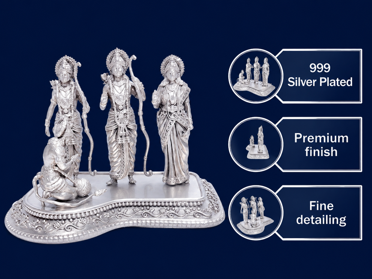 Premium 999 Silver Plated Ram Darbar Idol Set – Divine Rama, Laxman, Sita & Hanuman Figurine for Home Mandir