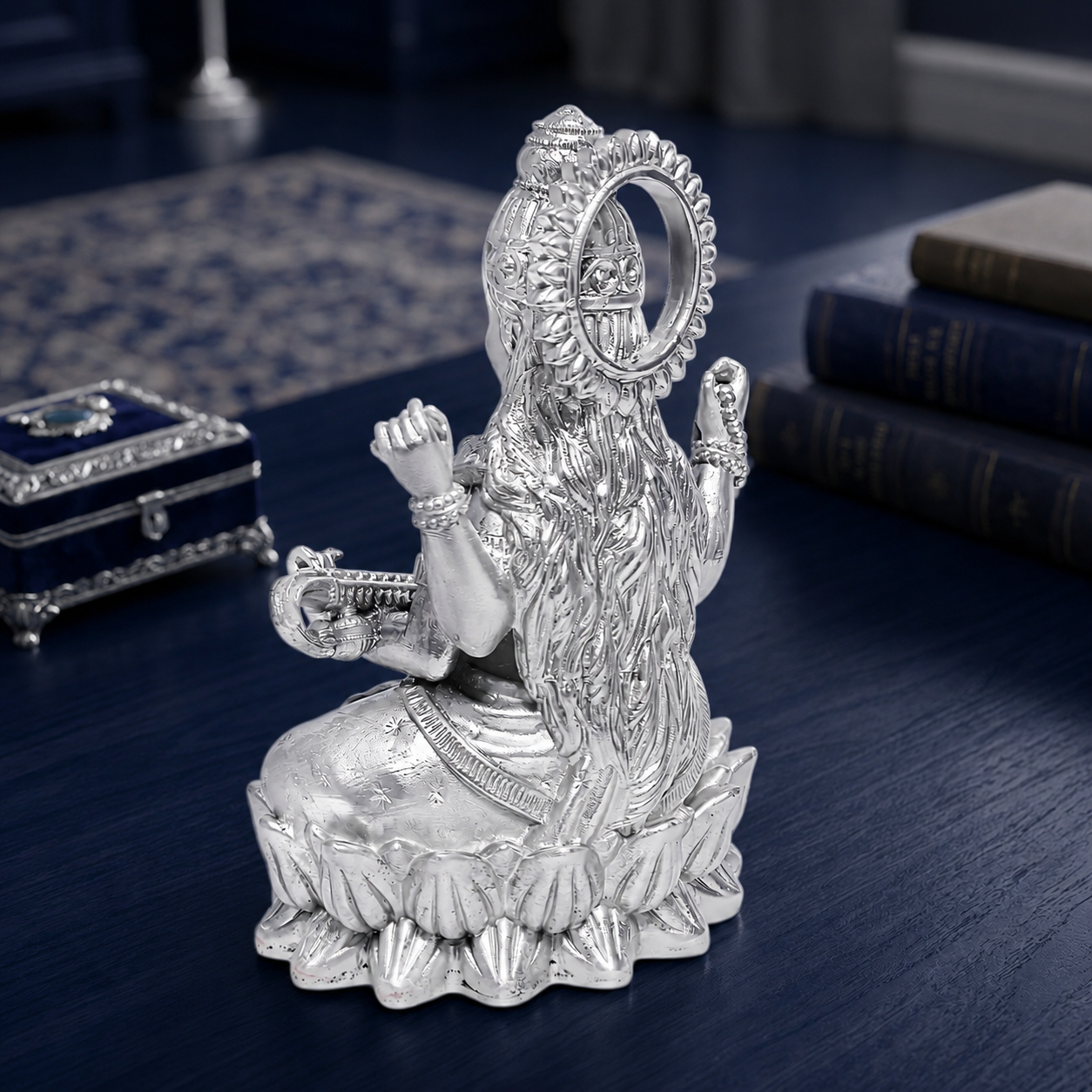 Premium 999 Silver Plated Goddess Saraswati Idol – Divine Veena Sarasvati Lotus Statue