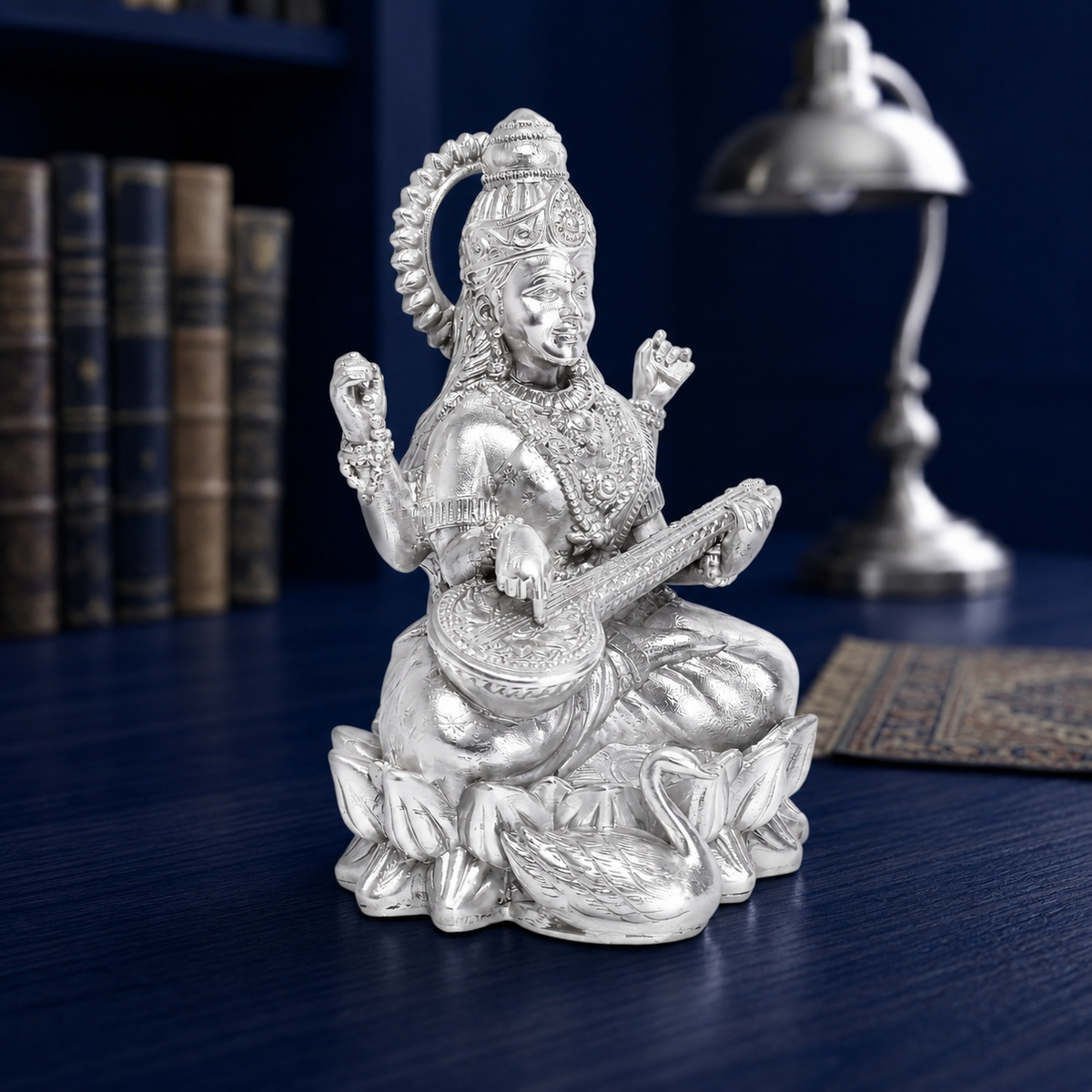 Premium 999 Silver Plated Goddess Saraswati Idol – Divine Veena Sarasvati Lotus Statue