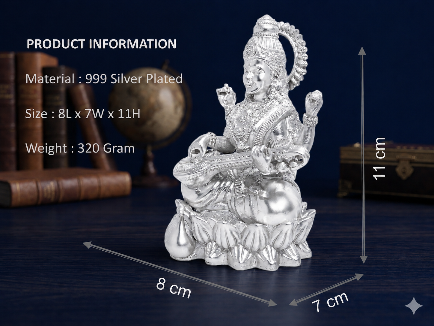 Premium 999 Silver Plated Goddess Saraswati Idol – Divine Veena Sarasvati Lotus Statue