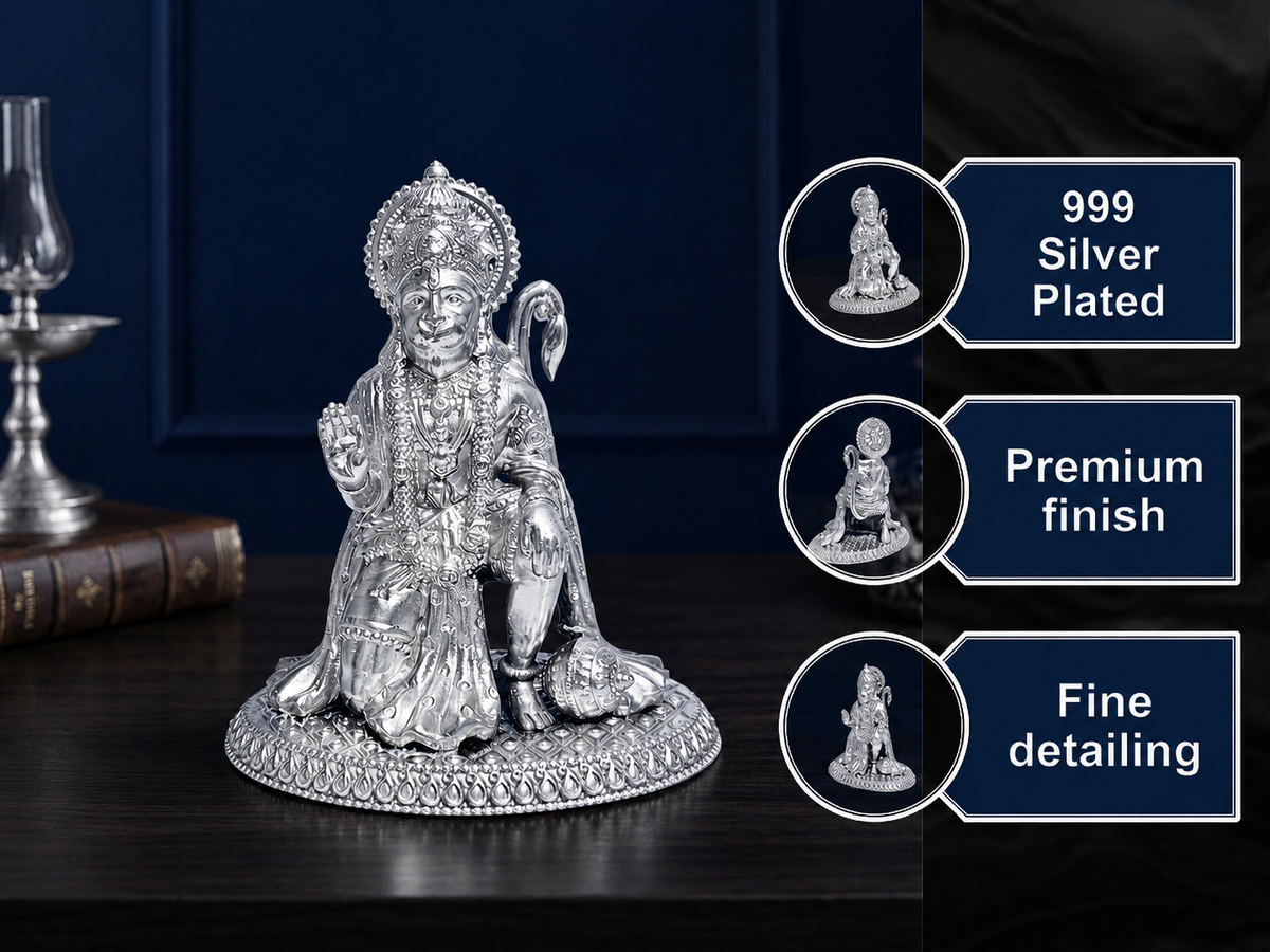 Premium 999 Silver Plated Kneeling Hanuman Brass Idol – Divine Bajrangbali Statue for Home Mandir