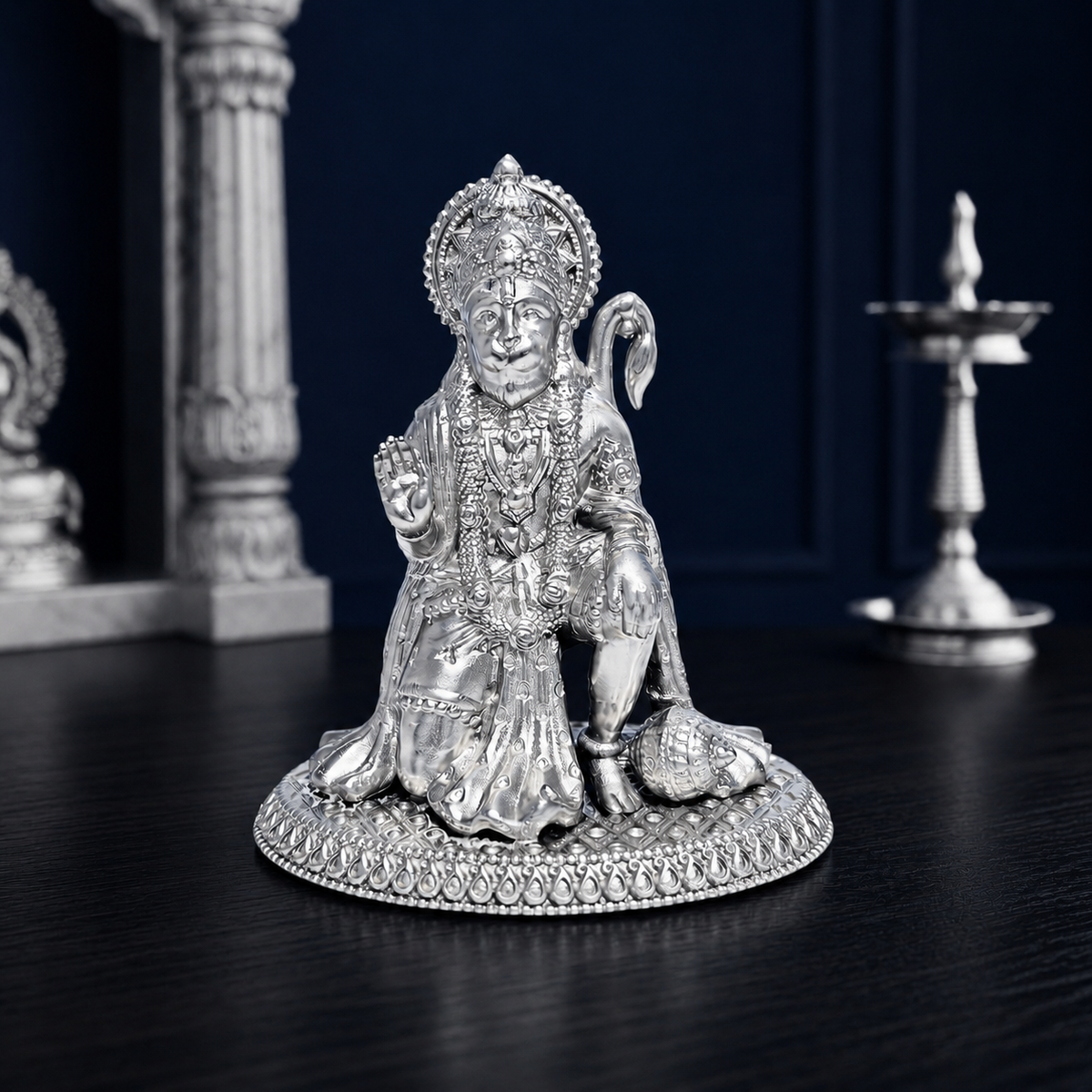 Premium 999 Silver Plated Kneeling Hanuman Brass Idol – Divine Bajrangbali Statue for Home Mandir