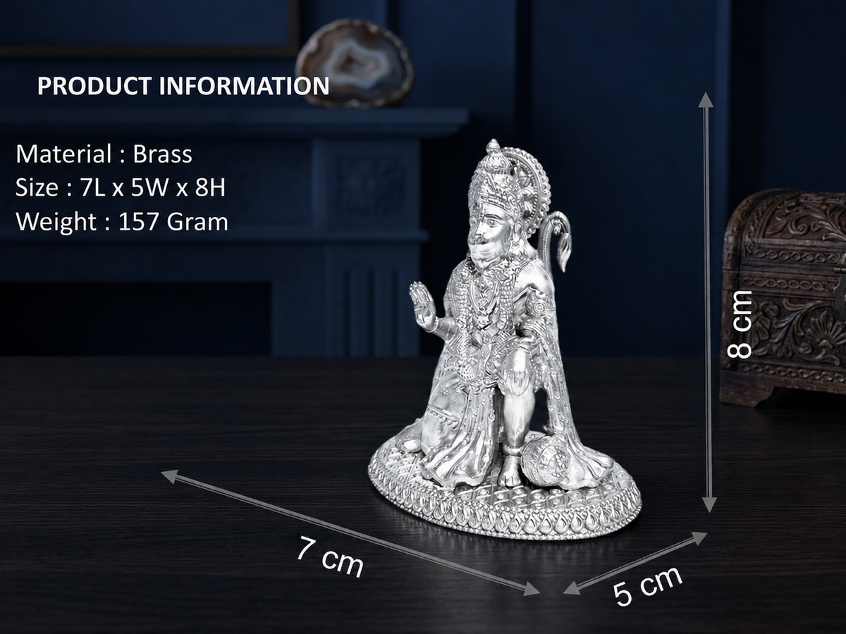 Premium 999 Silver Plated Kneeling Hanuman Brass Idol – Divine Bajrangbali Statue for Home Mandir