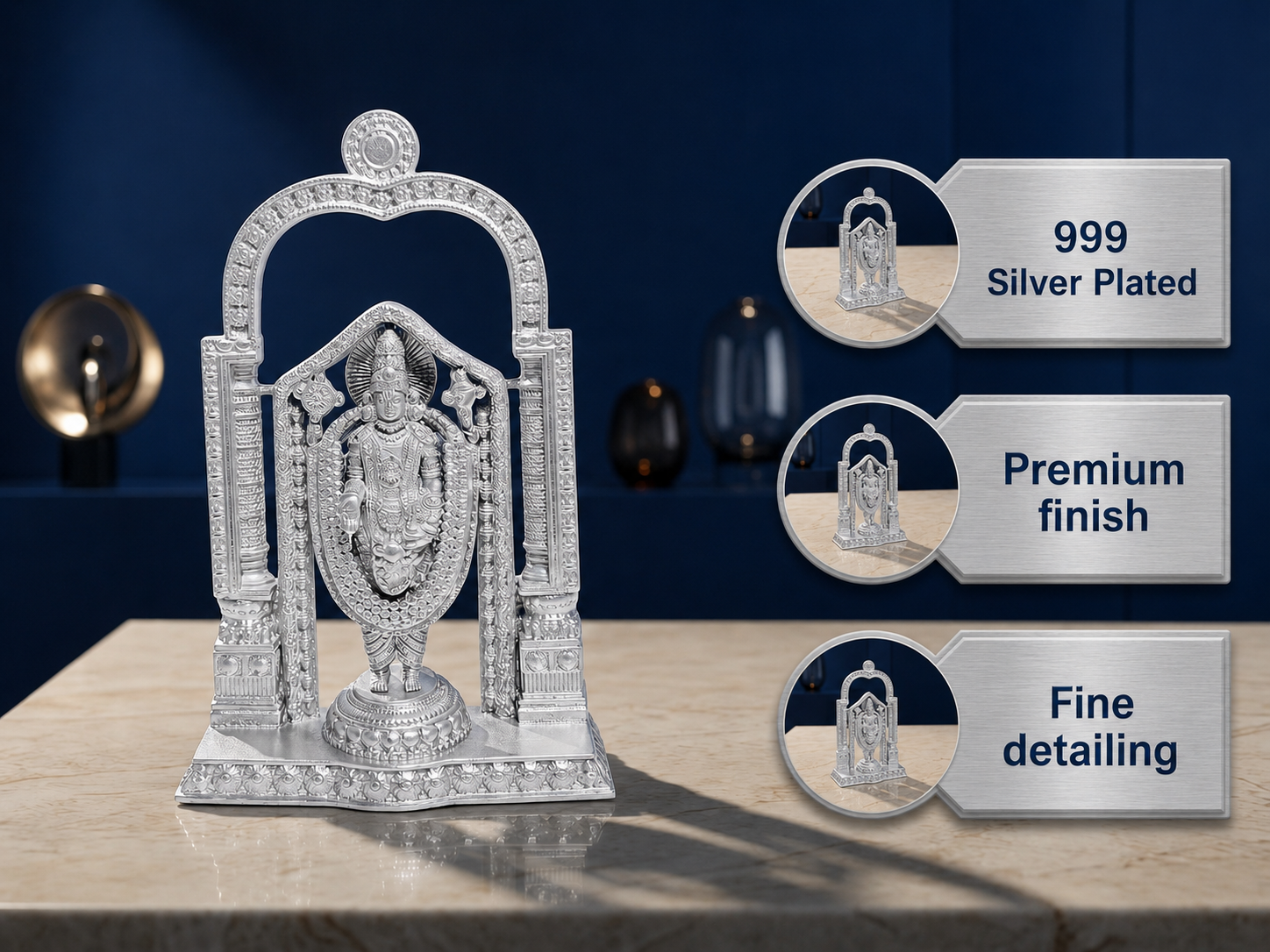 Premium 999 Silver Plated Tirupati Balaji Idol with Frame – Divine Lord Venkateswara Statue