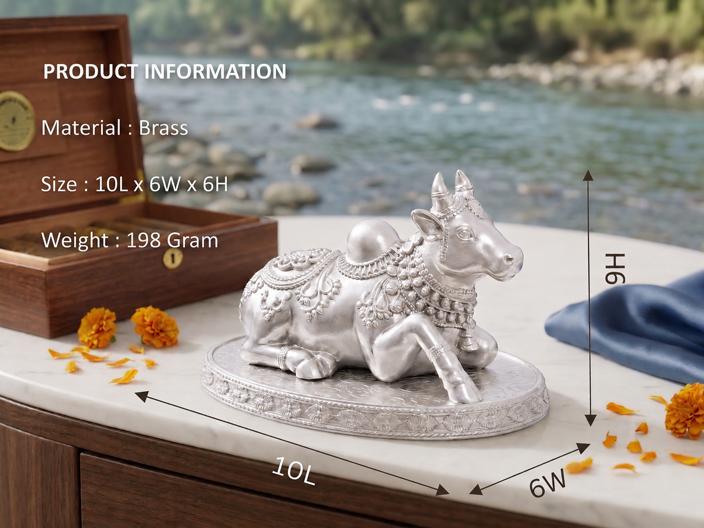 Premium Silver Plated Nandi Brass Idol – Divine Sacred Sitting Bull Vastu Statue
