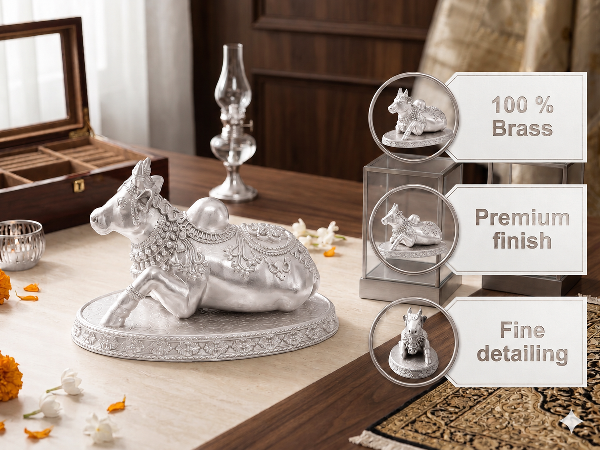 Premium Silver Plated Nandi Brass Idol – Divine Sacred Sitting Bull Vastu Statue