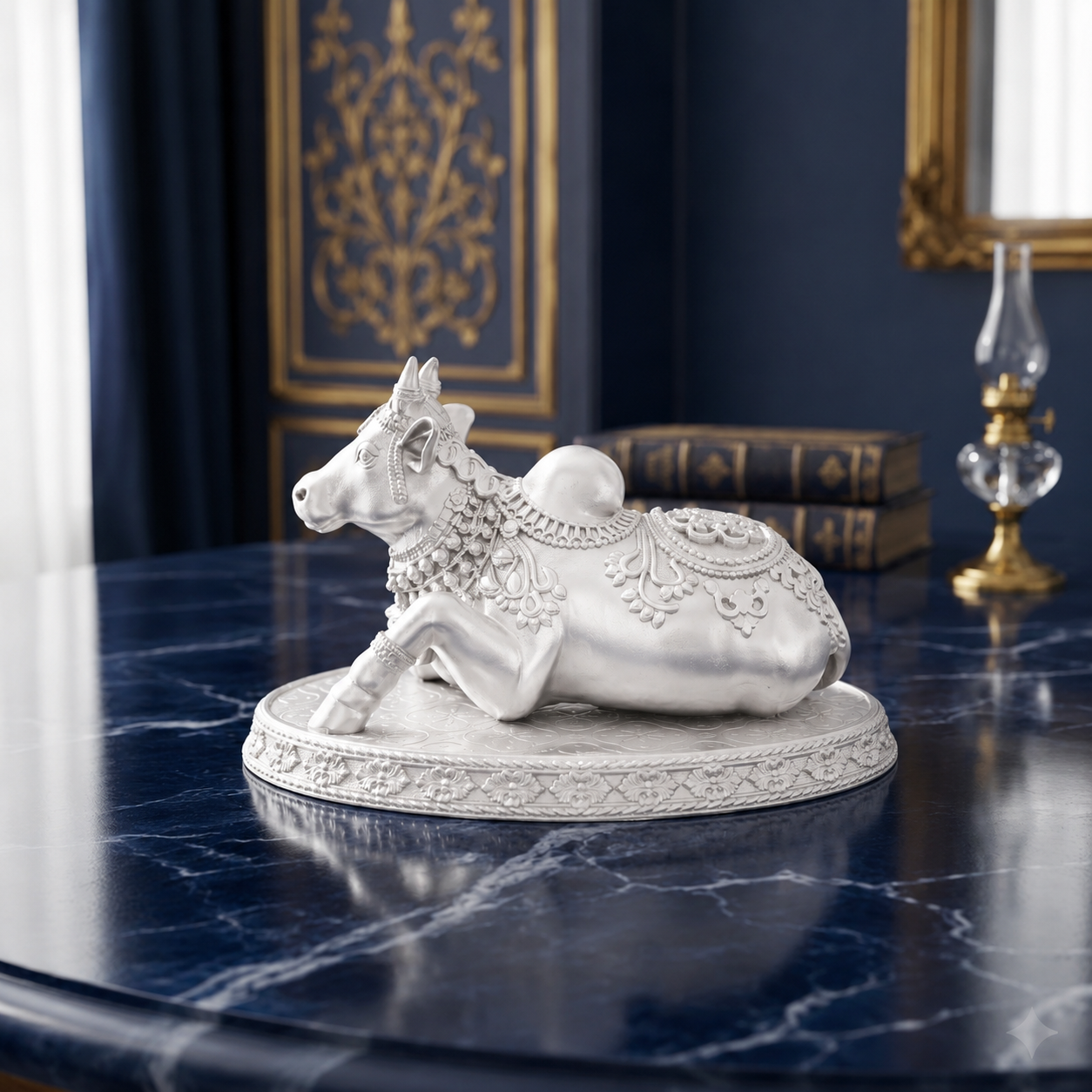 Premium Silver Plated Nandi Brass Idol – Divine Sacred Sitting Bull Vastu Statue