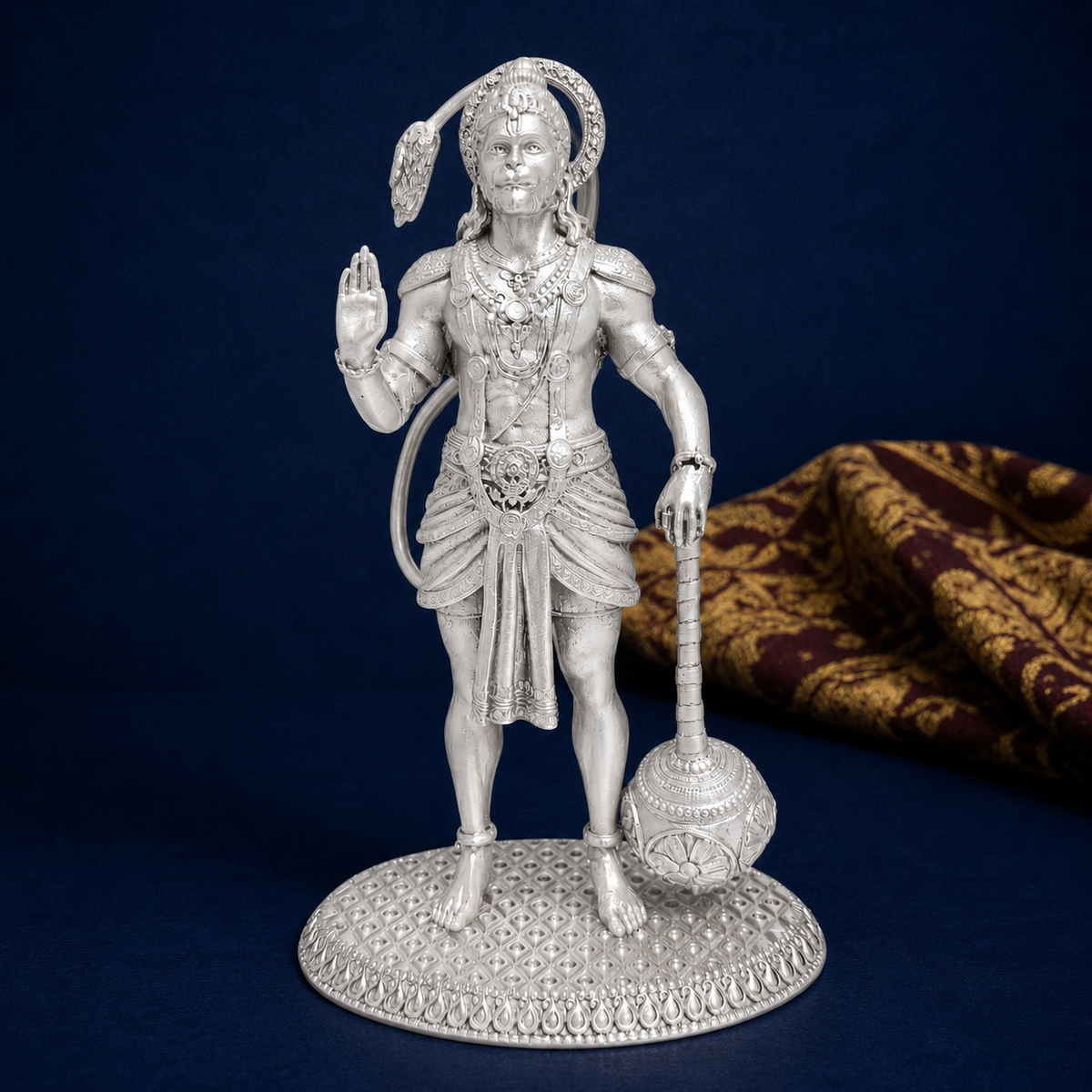 Premium 999 Silver Plated Standing Lord Hanuman Figurine – Divine Bajrangbali Brass Altar Idol