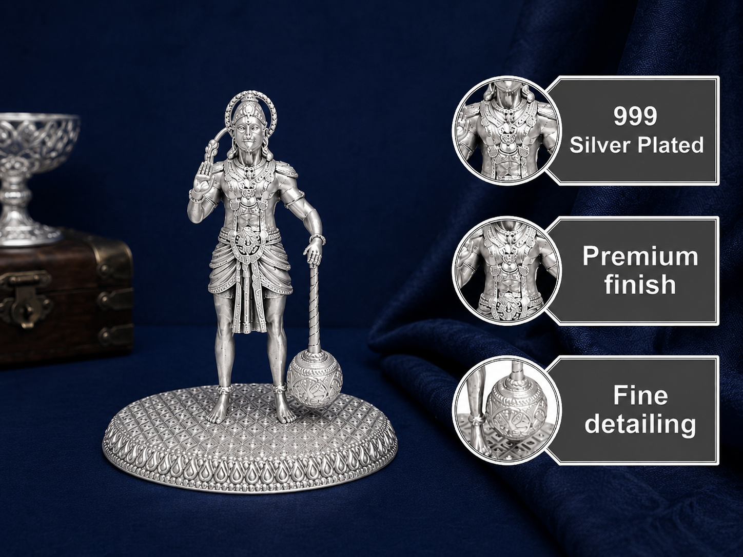 Premium 999 Silver Plated Standing Lord Hanuman Figurine – Divine Bajrangbali Brass Altar Idol