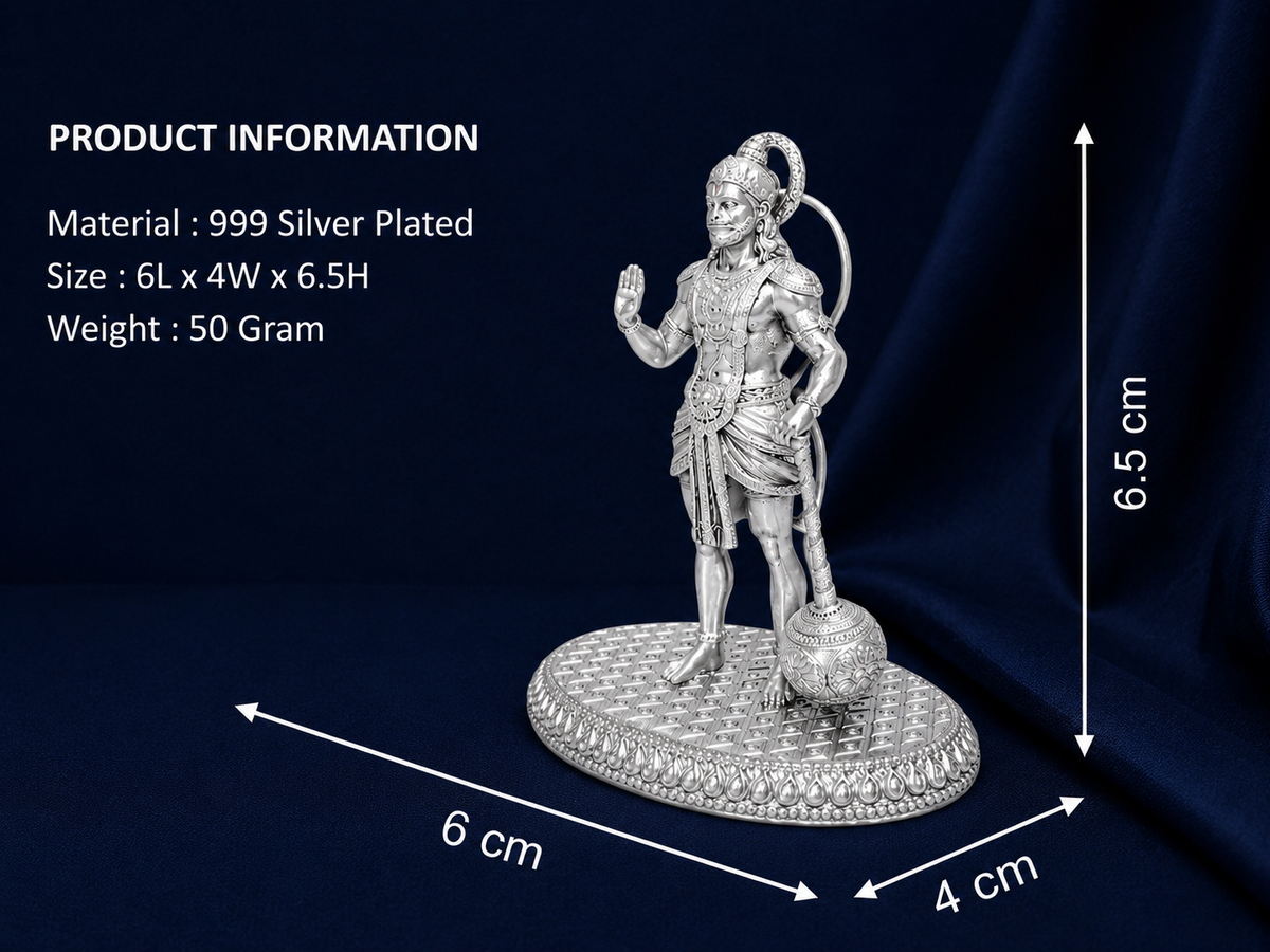 Premium 999 Silver Plated Standing Lord Hanuman Figurine – Divine Bajrangbali Brass Altar Idol