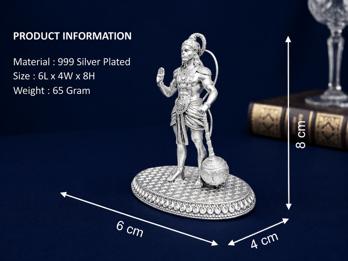 Premium 999 Silver Plated Standing Lord Hanuman Figurine – Divine Bajrangbali Brass Altar Idol