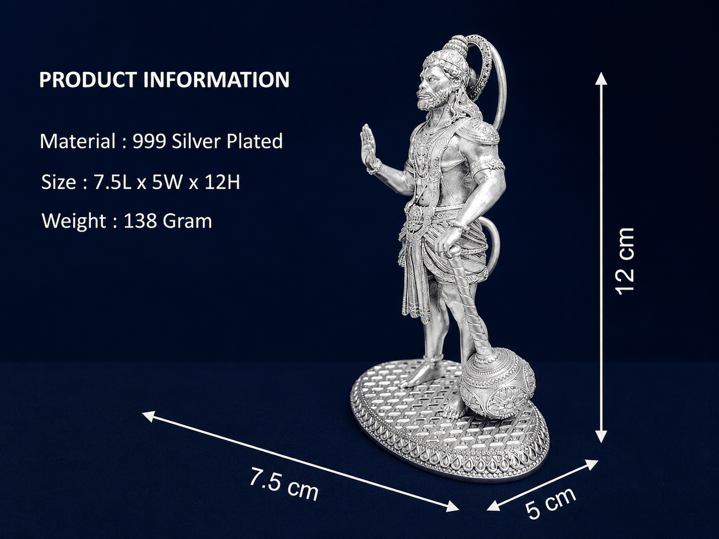 Premium 999 Silver Plated Standing Lord Hanuman Figurine – Divine Bajrangbali Brass Altar Idol