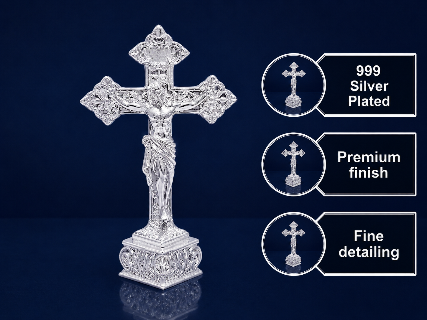 Premium 999 Silver Plated Crucifix Cross Figurine – Intricate Jesus Christ Altar Decor
