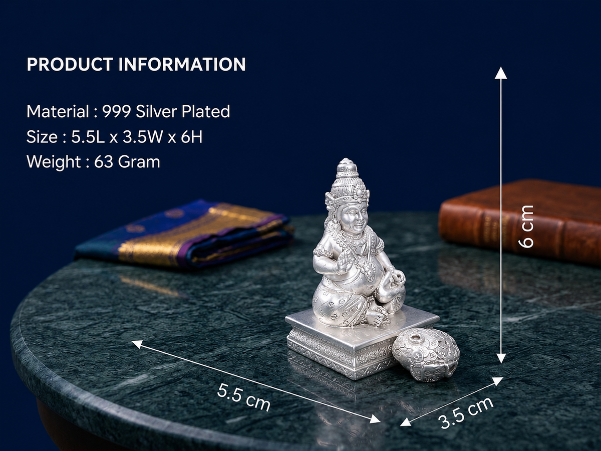 Premium 999 Silver Plated Lord Kubera Idol – Divine Wealth & Prosperity Decorative Figurine