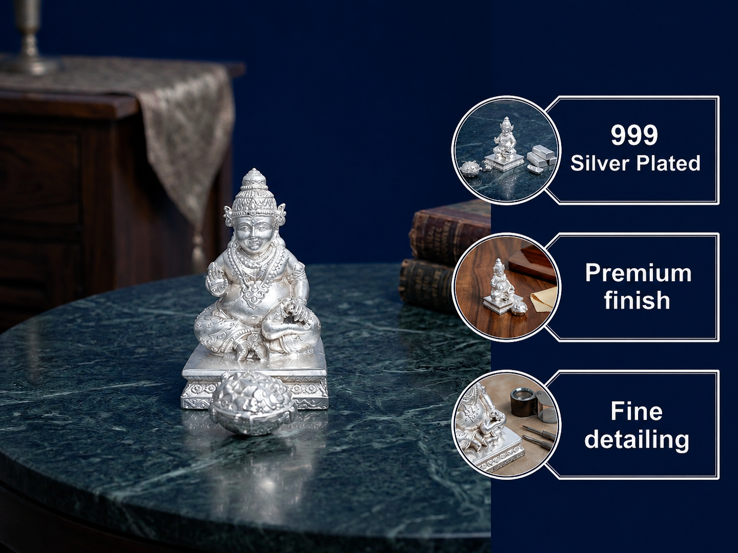 Premium 999 Silver Plated Lord Kubera Idol – Divine Wealth & Prosperity Decorative Figurine