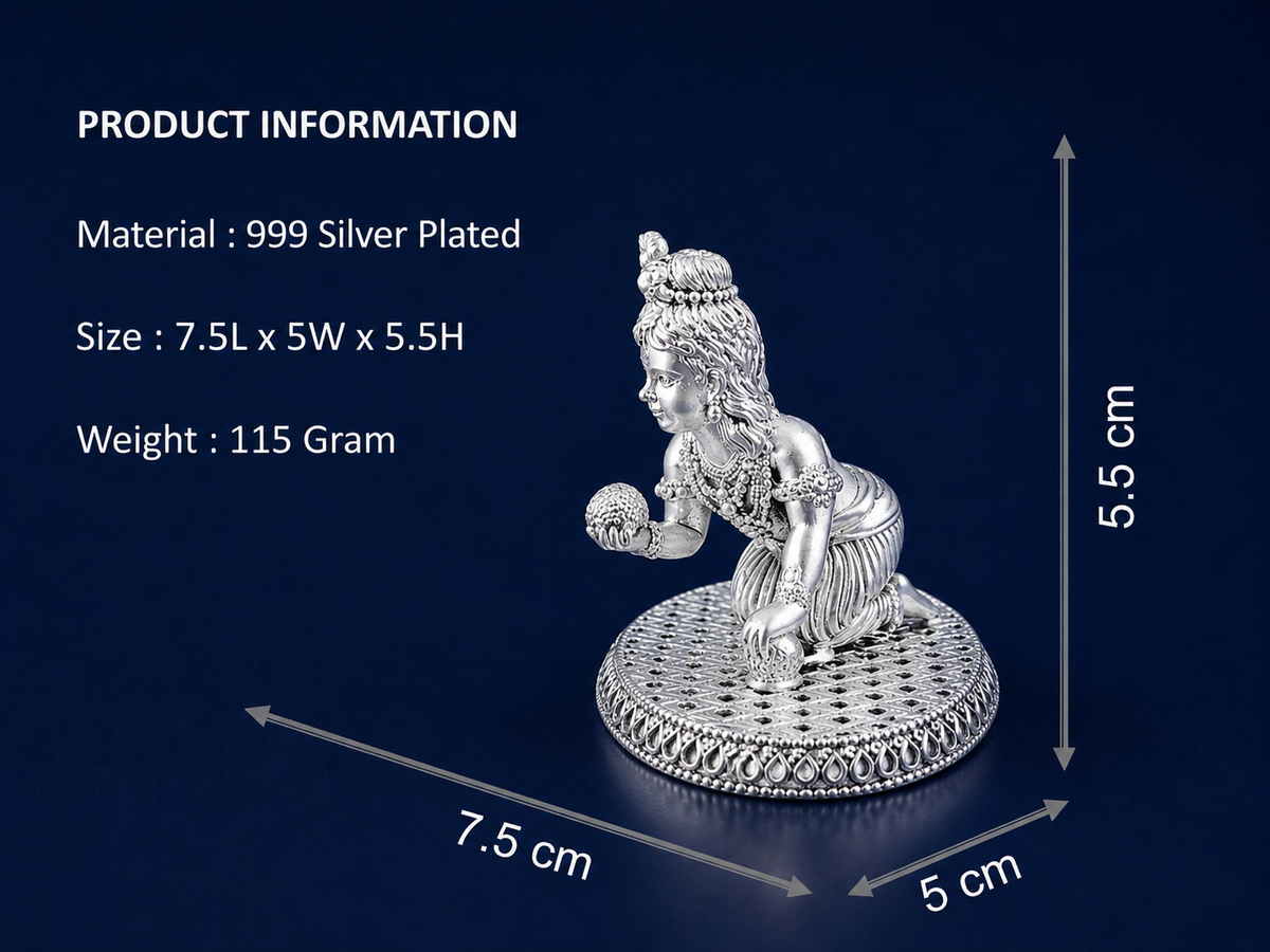 Premium 999 Silver Plated Baby Krishna Idol – Divine Laddu Gopal Vastu Statue