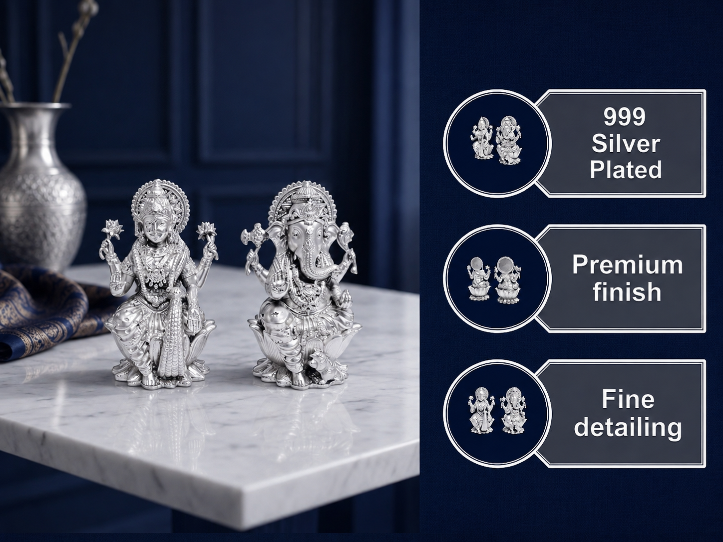 Premium 999 Silver Plated Lakshmi Ganesha Idol Set – Divine Auspicious Puja Decor Figurine