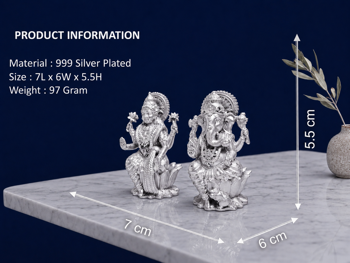 Premium 999 Silver Plated Lakshmi Ganesha Idol Set – Divine Auspicious Puja Decor Figurine