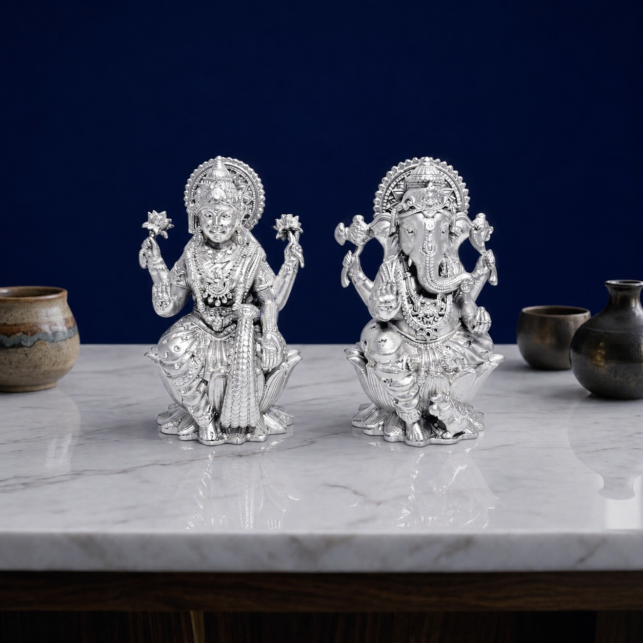 Premium 999 Silver Plated Lakshmi Ganesha Idol Set – Divine Auspicious Puja Decor Figurine