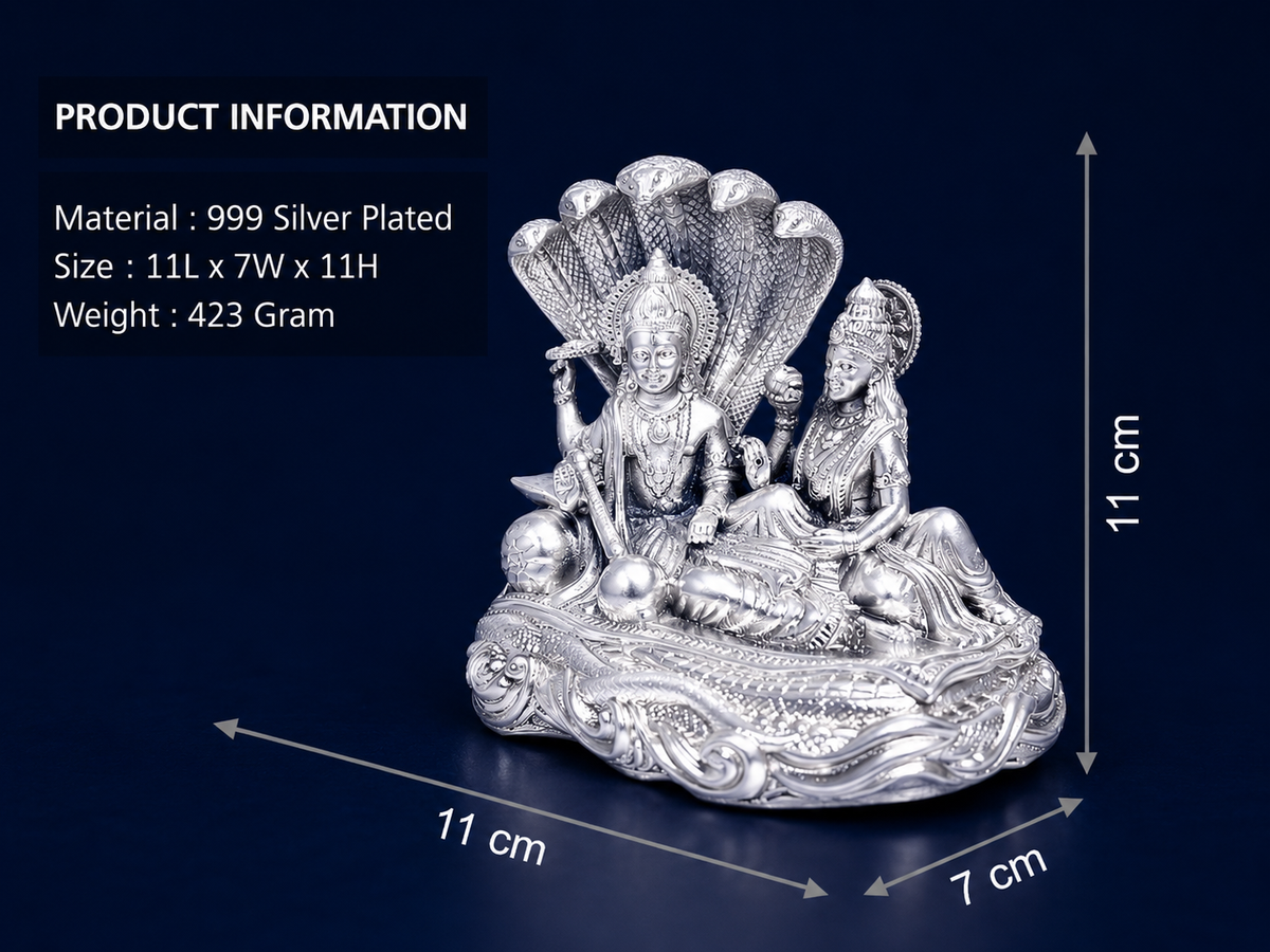 Premium 999 Silver Plated Lakshmi Narayan Idol – Divine Vishnu Laxmi on Sheshnaag Statue
